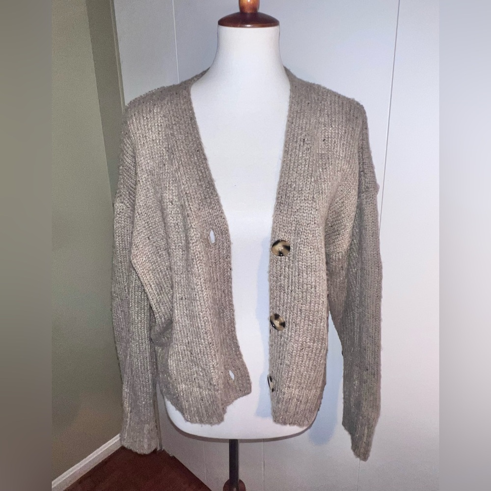 Halston Heritage Taupe Ribbed Button Cardigan